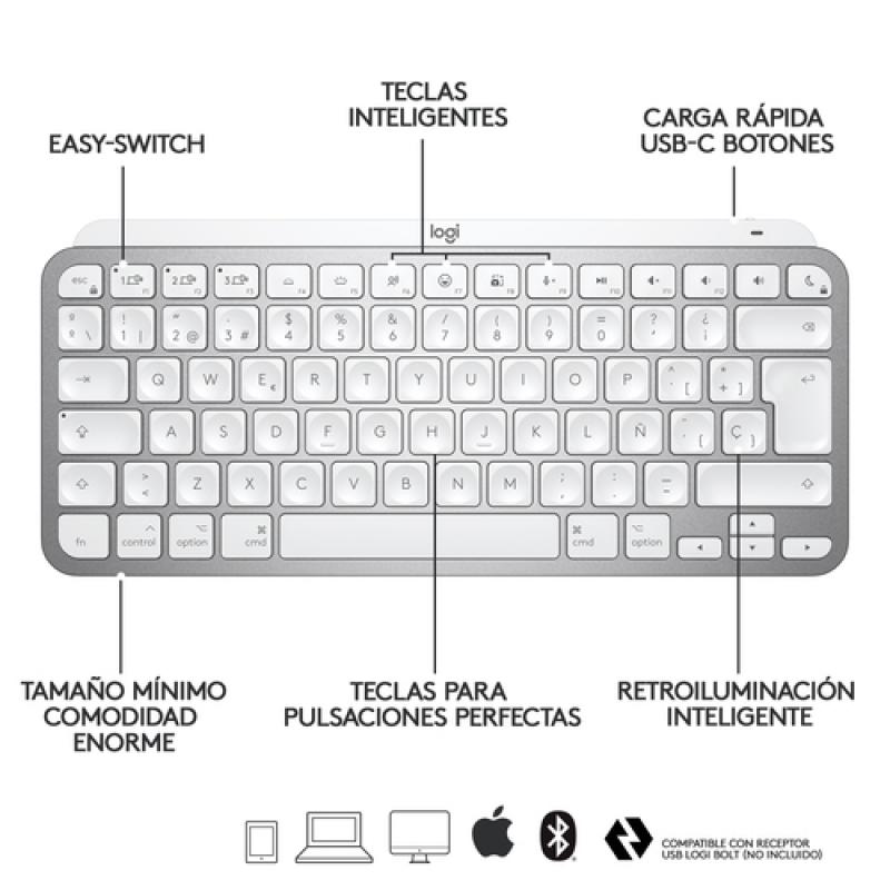Logitech MX Keys Mini For Mac Minimalist Wireless Illuminated Keyboard teclado Bluetooth QWERTY Español Gris