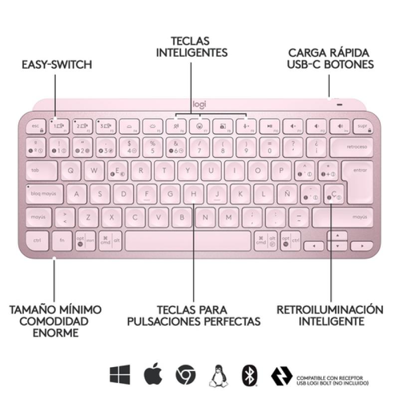 Logitech MX Keys Mini teclado RF Wireless + Bluetooth Español Rosa