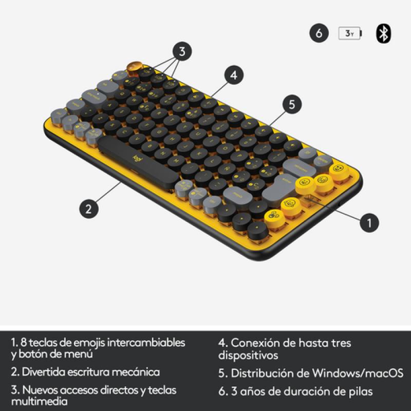 Logitech POP Keys Wireless Mechanical Keyboard With Emoji Keys teclado RF Wireless + Bluetooth QWERTY Español Negro, Gris, Amari
