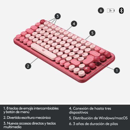 Logitech POP Keys Wireless Mechanical Keyboard With Emoji Keys teclado RF Wireless + Bluetooth QWERTY Español Borgoña, Rosa, Ros