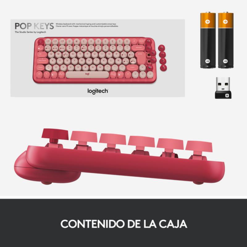 Logitech POP Keys Wireless Mechanical Keyboard With Emoji Keys teclado RF Wireless + Bluetooth QWERTY Español Borgoña, Rosa, Ros