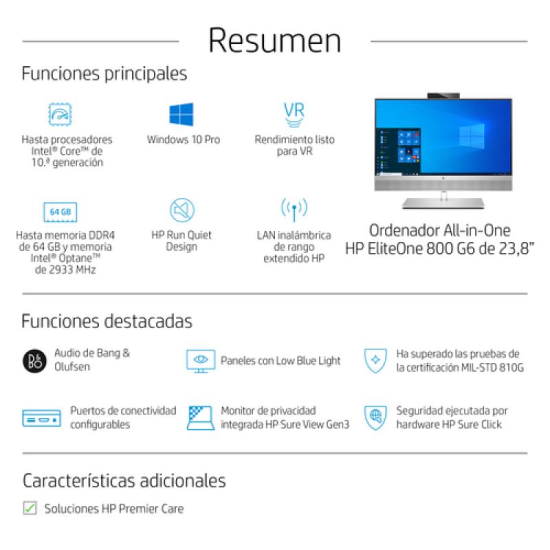 HP EliteOne 800 G6 Intel® Core™ i5 60,5 cm (23.8") 1920 x 1080 Pixeles Pantalla táctil 8 GB DDR4-SDRAM 256 GB SSD PC todo en uno
