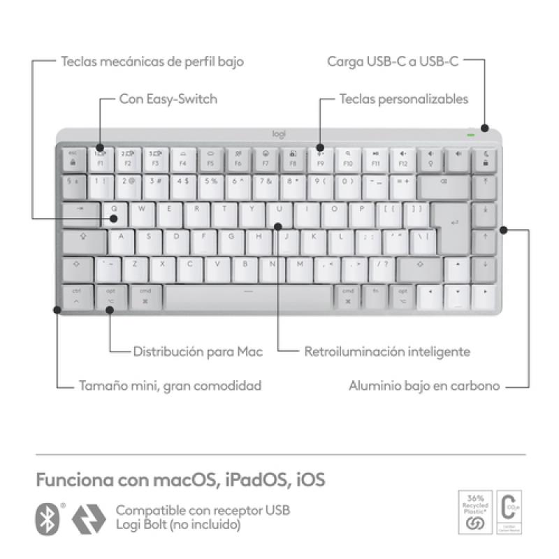 Logitech MX Mini Mechanical for Mac teclado Bluetooth QWERTY Internacional de EE.UU. Gris, Blanco